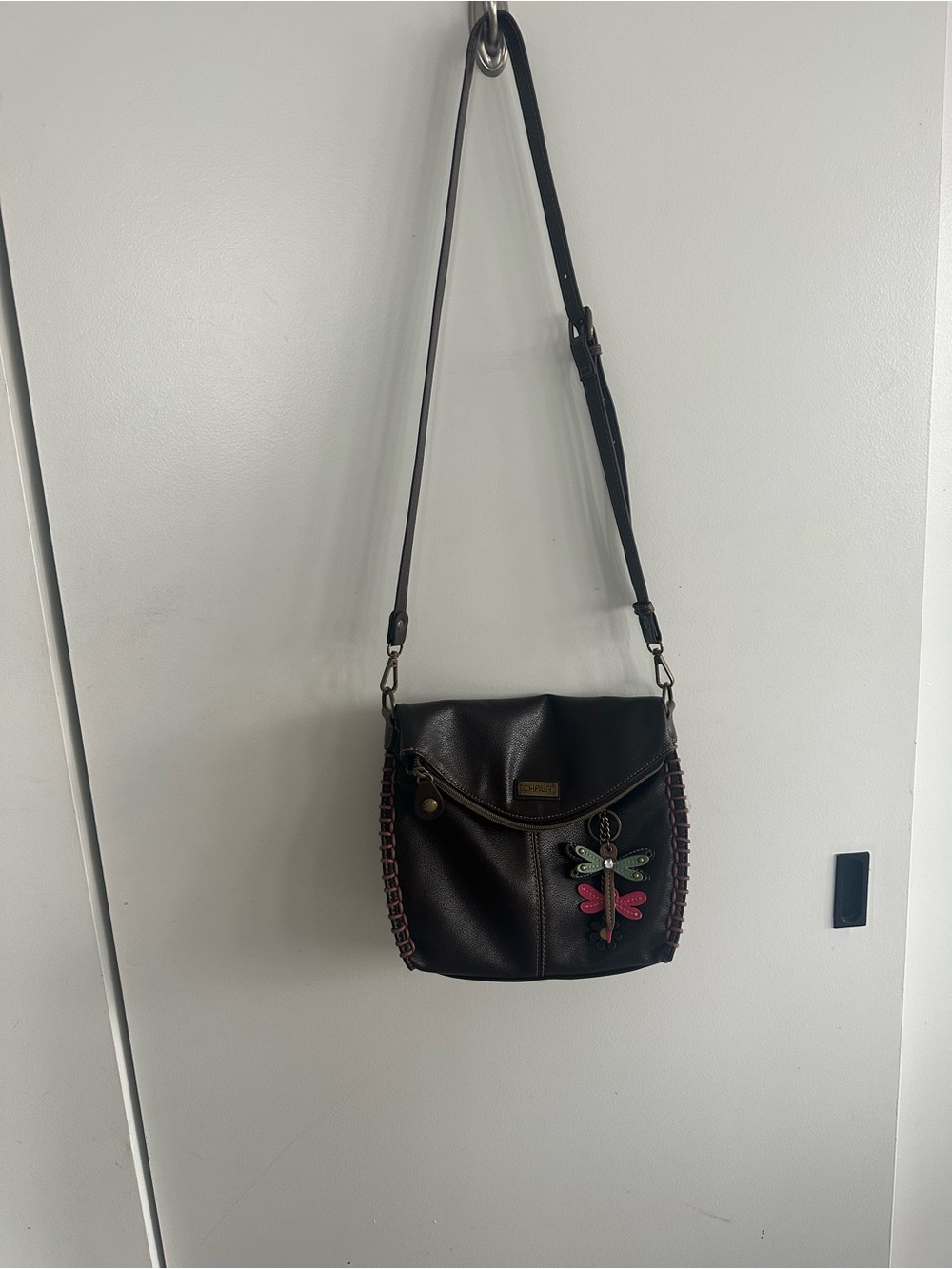 Chala Dark Brown Leather Crossbody Bag with Dragonfly Accent
